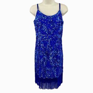 VINTAGE LILLIE RUBIN BLUE SEQUIN BEADED FRINGE FLAPPER COCKTAIL DRESS - M